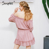 Simplee Short chiffon vintage dress women Off shoulder long sleeve beach summer dress Ruffle sexy dress new year vestido