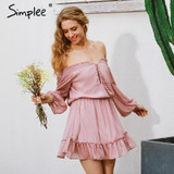 Simplee Short chiffon vintage dress women Off shoulder long sleeve beach summer dress Ruffle sexy dress new year vestido