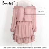 Simplee Short chiffon vintage dress women Off shoulder long sleeve beach summer dress Ruffle sexy dress new year vestido