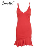 Simplee Sexy v neck ruffle strap mini dress women Skinny black mermaid dress 2018 Summer dress bodycon party vestido