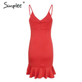 Simplee Sexy v neck ruffle strap mini dress women Skinny black mermaid dress 2018 Summer dress bodycon party vestido