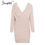 Simplee Sexy V neck cross knitting sweater dress Women elegant long sleeve pullover female winter dress Autumn casual jumper