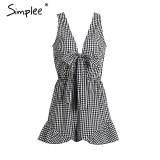 Simplee Sexy v neck plaid jumpsuit romper women Summer beach sleeveless casual overalls Streetwear bow playsuits