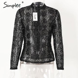 Simplee Sexy transparent lace blouse shirt Elegant long sleeve cool blouse women summer tops Hollow out blusas 2017