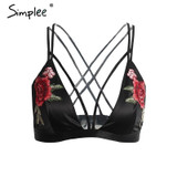 Simplee Sexy satin floral embroidery bra bralette Black triangle hollow out unpadded brassiere Summer party crop top lingerie