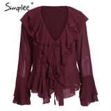 Simplee Sexy ruffle chiffon blouse shirt Autumn flare sleeve deep v neck women blouses 2017 Casual transparent streetwear blouse