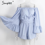Simplee Sexy off shoulder flare sleeve jumpsuit romper Elegant bow ruffle women overalls Causal blue summer beach playsuit