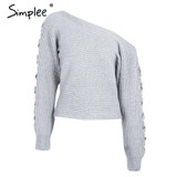 Simplee Sexy lace up winter knitted sweater pullover Women one shoulder loose sweater jumper Autumn batwing sleeve gray sweater