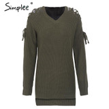 Simplee Sexy lace up split knitted sweater Women autumn winter black long pullover jumper Casual hollow out knitwear pull femme