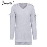 Simplee Sexy lace up split knitted sweater Women autumn winter black long pullover jumper Casual hollow out knitwear pull femme