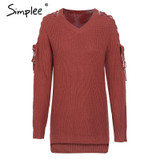 Simplee Sexy lace up split knitted sweater Women autumn winter black long pullover jumper Casual hollow out knitwear pull femme