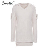 Simplee Sexy lace up split knitted sweater Women autumn winter black long pullover jumper Casual hollow out knitwear pull femme