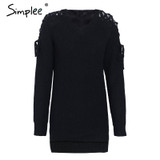 Simplee Sexy lace up split knitted sweater Women autumn winter black long pullover jumper Casual hollow out knitwear pull femme
