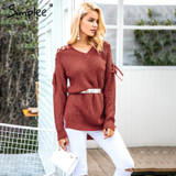 Simplee Sexy lace up split knitted sweater Women autumn winter black long pullover jumper Casual hollow out knitwear pull femme