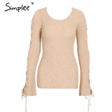 Simplee Sexy lace up knitting pullover Fashion flare sleeve autumn winter sweater women tops Casual hollow out jumper pull femme