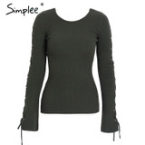 Simplee Sexy lace up knitting pullover Fashion flare sleeve autumn winter sweater women tops Casual hollow out jumper pull femme