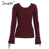 Simplee Sexy lace up knitting pullover Fashion flare sleeve autumn winter sweater women tops Casual hollow out jumper pull femme