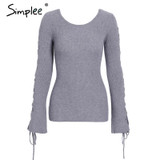 Simplee Sexy lace up knitting pullover Fashion flare sleeve autumn winter sweater women tops Casual hollow out jumper pull femme