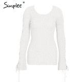 Simplee Sexy lace up knitting pullover Fashion flare sleeve autumn winter sweater women tops Casual hollow out jumper pull femme