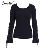 Simplee Sexy lace up knitting pullover Fashion flare sleeve autumn winter sweater women tops Casual hollow out jumper pull femme
