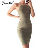 Simplee Sexy lace up backless bodycon dress Vintage suede hollow out short dress 2017 Women slim sleeveless party black dress