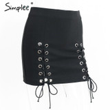Simplee Sexy lace up cross pencil skirt Women elegant hollow out short skirt Autumn winter 2016 casual split bodycon black skirt