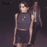 Simplee Sexy lace up cross pencil skirt Women elegant hollow out short skirt Autumn winter 2016 casual split bodycon black skirt