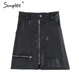 Simplee Sexy high waist PU leather skirt Autumn winter 2016 elegant zipper pocket short women skirt Casual black slim mini skirt