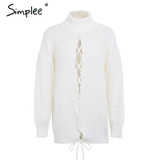Simplee Sexy lace up knitted turtleneck sweater Women hollow out white long sleeve pullover Autumn winter soft jumper 2017