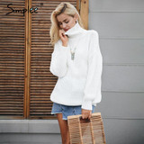 Simplee Sexy lace up knitted turtleneck sweater Women hollow out white long sleeve pullover Autumn winter soft jumper 2017