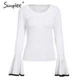 Simplee Sexy flare sleeve white knitting pullover Fashion autumn winter sweater women tops Casual soft elastic jumper pull femme