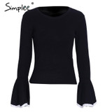 Simplee Sexy flare sleeve white knitting pullover Fashion autumn winter sweater women tops Casual soft elastic jumper pull femme