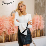 Simplee Sexy flare sleeve white knitting pullover Fashion autumn winter sweater women tops Casual soft elastic jumper pull femme
