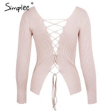 Simplee Sexy backless lace up knitting pullover top Fashion slit cuff autumn winter sweater women Chic pink jumper pull femme