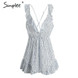 Simplee Sexy backless ruffle dot jumpsuit romper Summer beach deep v neck women playsuit 2017 Causal lace up bow overalls