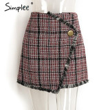 Simplee Sexy asymmetrical plaid skirts women Elegant tassels high waist skirt Cool streetwear woolen short skirt 2017