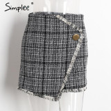 Simplee Sexy asymmetrical plaid skirts women Elegant tassels high waist skirt Cool streetwear woolen short skirt 2017