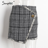 Simplee Sexy asymmetrical plaid skirts women Elegant tassels high waist skirt Cool streetwear woolen short skirt 2017