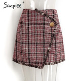 Simplee Sexy asymmetrical plaid skirts women Elegant tassels high waist skirt Cool streetwear woolen short skirt 2017