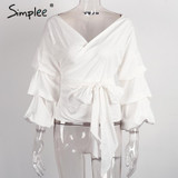 Simplee Ruffled off shoulder white blouse shirt Autumn sexy ruched sleeve cool blouse Women waist tie cotton top tees blusas