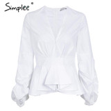 Simplee Ruffle v neck stripe blouse shirt Women tops casual streetwear white blouse Elegant cotton 2017 autumn blouse female