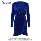 Simplee Ruffle vintage velvet dress women V neck short sexy dress Autumn winter long sleeve blue wrap dress vestido de festa