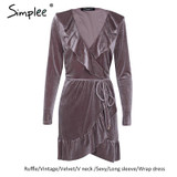 Simplee Ruffle vintage velvet dress women V neck short sexy dress Autumn winter long sleeve blue wrap dress vestido de festa