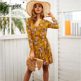 Simplee Ruffle print wrap dress women Sexy v neck mini dress long sleeve summer dress Robo femme streetwear beach vestidos 2018