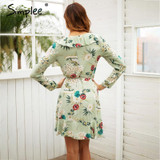 Simplee Ruffle print wrap dress women Sexy v neck mini dress long sleeve summer dress Robo femme streetwear beach vestidos 2018