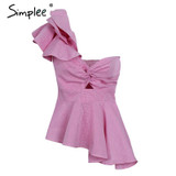 Simplee Ruffle one shoulder plaid sexy blouse shirt Women irregular casual blouse Backless summer blouse feminine chemise 2018