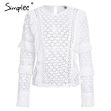 Simplee Ruffle lace blouse shirt women Hollow out floral white blouse female tops Elegant fashion chiffon blouse autumn 2017