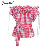 Simplee Ruffle off shoulder plaid blouse shirt Sexy bow sashes short sleeve blouse blusas Casual streetwear blouse women tops