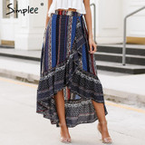 Simplee Ruffle boho print wrap skirt women Summer beach casual maxi skirt female 2018 Spring vintage high waist long skirt