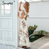 Simplee Ruffle backless bow print long dress Women v neck tie up summer dress female Casual beach chic boho maxi dress vestidos